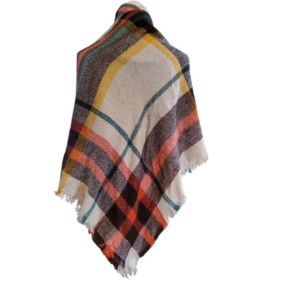 Tartan Plaid Blanket‎ Scarf Shawl Wrap Orange Ivory Dark Brown Cozy Cottagecore